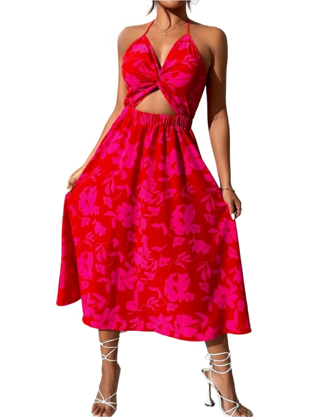 SHEIN VCAY Allover Floral Print Twist Front Halter Dress
